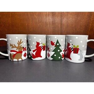 4 Crate & Barrel Joan Anderson Christmas Critters Coffee Cups Mug Deer Fox Bunny